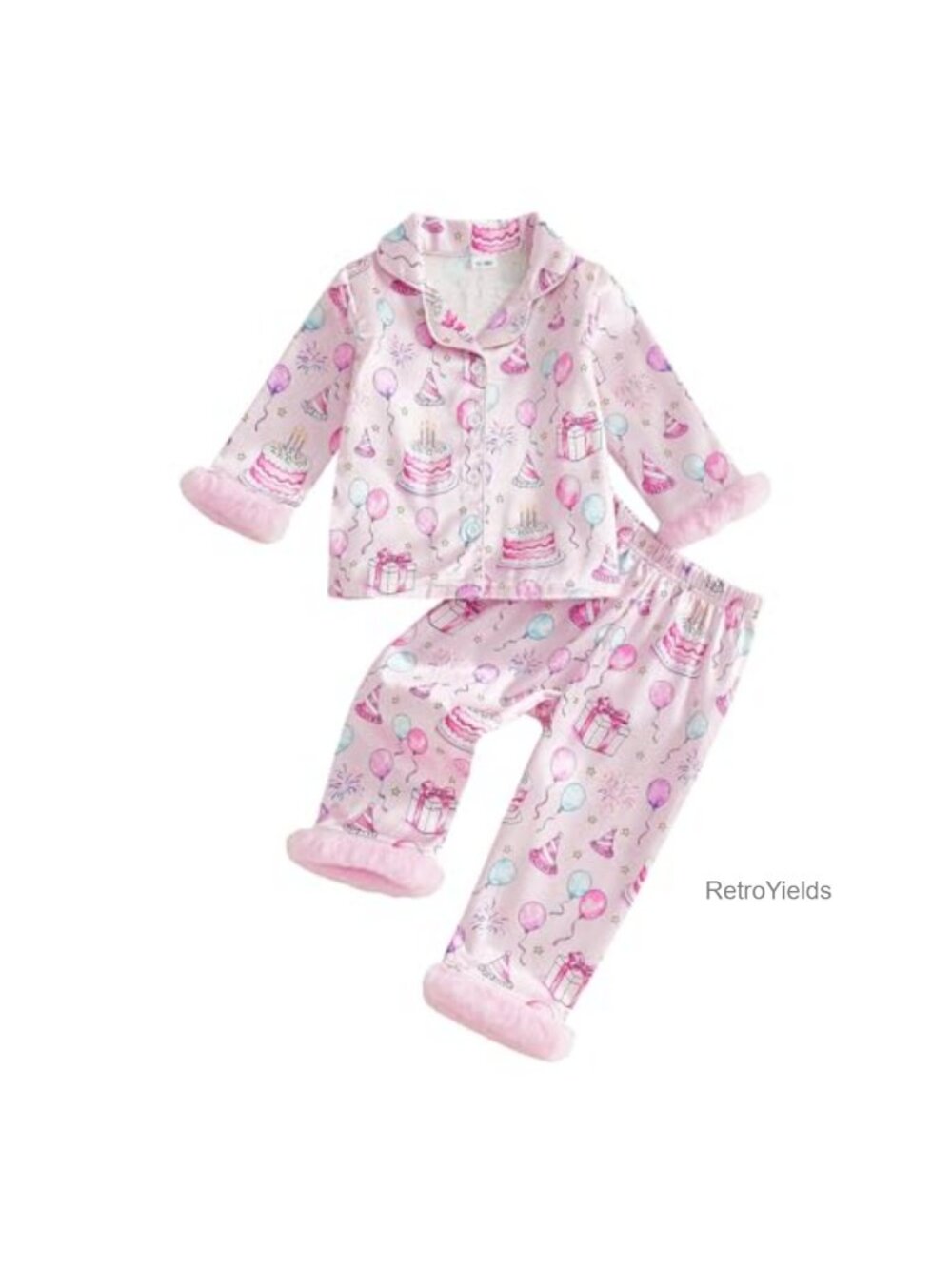 Kuriozud Kids Toddler Girl Pajamas Fuzzy Trim Button Down Shirt Pants 1-7Y